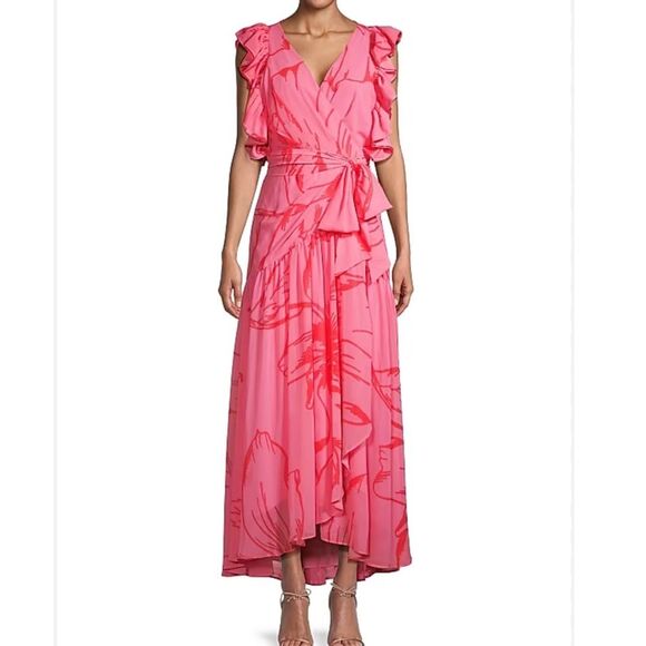 Anthropologie Hutch Beck Ruffled V-Neck Wrap Midi Dress floral pink size XL - Picture 12 of 12